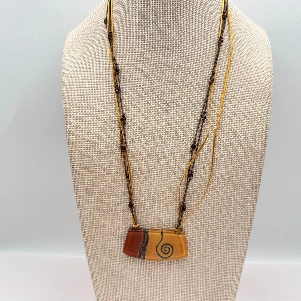 Vintage 90s Earth Tone Fused Glass Necklace Earrings Set Boho‎ Fashion Jewelry